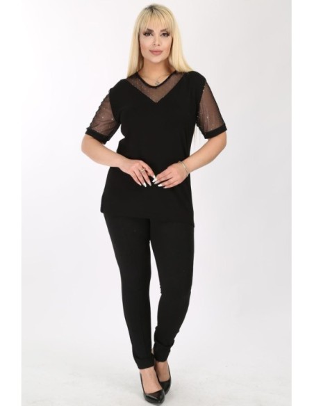 Elegantiška juoda palaidinė su nėrinių rankovėmis ❤️ Drabužiai moterims