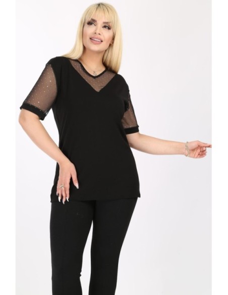 Elegantiška juoda palaidinė su nėrinių rankovėmis ❤️ Drabužiai moterims