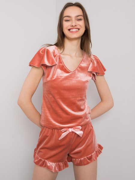 Veliūrinė lašišų spalvos pižama su kaspinu